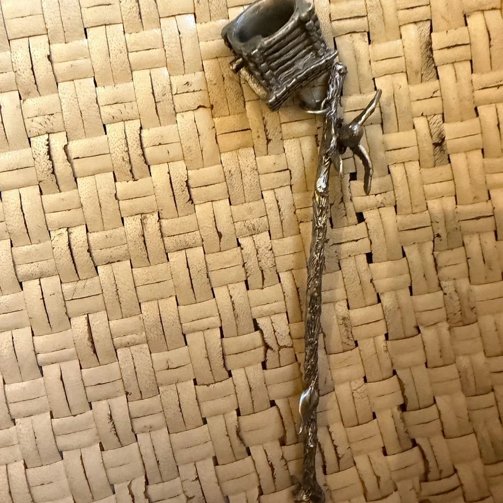 Vintage pewter candle, snuffer bird on branch and birdhouse 6 inches